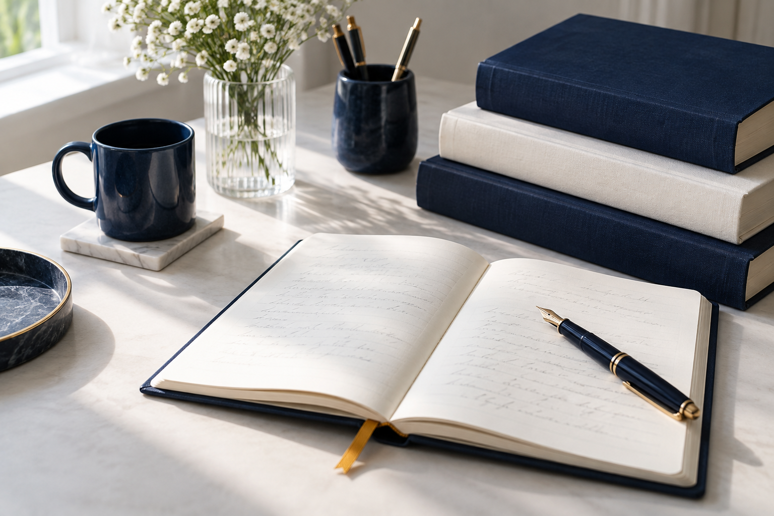 Notebook, books and a fountain pen on a sunlit writing desk